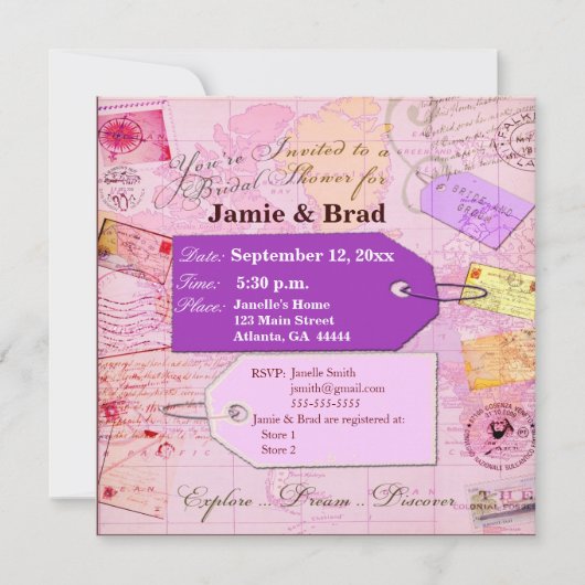 Brautreise-Duschenthema in rosa und in Lila Einladung (Vorderseite)