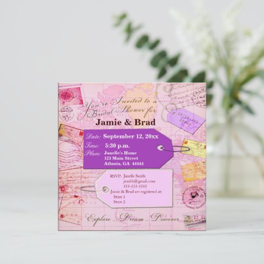 Brautreise-Duschenthema in rosa und in Lila Einladung (Stehend Vorderseite)