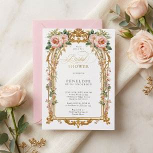 Brautschau mit Pfingstrosen in Rosa und Gold Einladung
