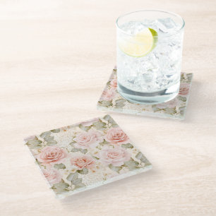 Brautschmink-Rosa Rosen Floral-Brautdusche Glasuntersetzer