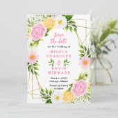 Brautstrauß mit rosa und gelben Blumen Save The Date (Stehend Vorderseite)