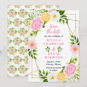 Brautstrauß mit rosa und gelben Blumen Save The Date