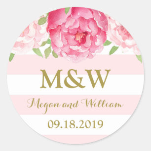 Brauttag-Etikett mit rosa floralem Monogramm Runder Aufkleber