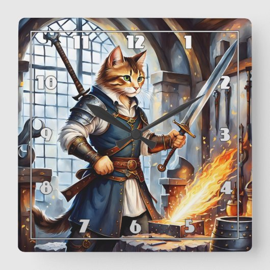 Brave Cat Blacksmith Schwert in Workshop Quadratische Wanduhr (Vorderseite)