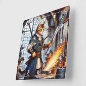 Brave Cat Blacksmith Schwert in Workshop Quadratische Wanduhr (Winkel)