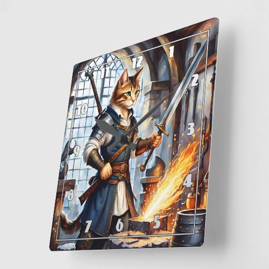 Brave Cat Blacksmith Schwert in Workshop Quadratische Wanduhr (Winkel)