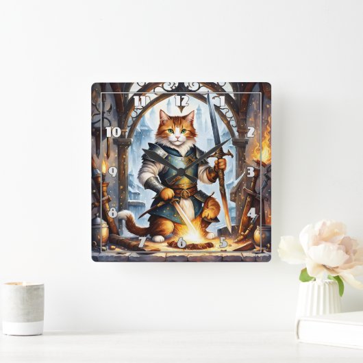 Brave Cat Knight Forging Schwerter in Fantasy Forg Quadratische Wanduhr (Zuhause)