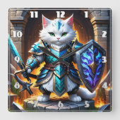 Brave Cat Warrior in Fantasy Armor by Castle Quadratische Wanduhr (Vorderseite)