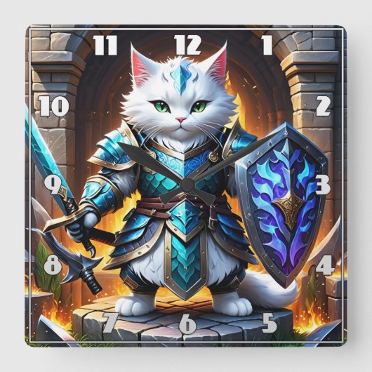 Brave Cat Warrior in Fantasy Armor by Castle Quadratische Wanduhr (Vorderseite)