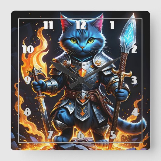 Brave Feline Knight in Fierasy Setting Quadratische Wanduhr (Vorderseite)