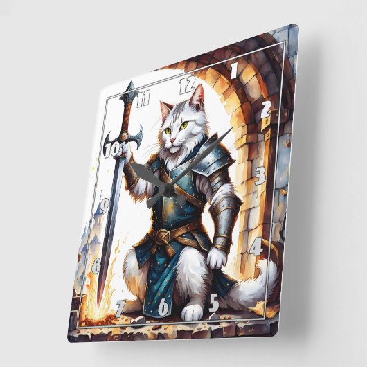 Brave Katzenritter in Rüstung mit Schwert Quadratische Wanduhr (Winkel)