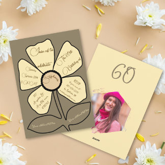 Brawn 60. Geburtstag Simple Doodle Blume Einladung