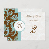 Brawn & Aqua Trim Damask Wirbel Tischnummer Cards (Vorne/Hinten)