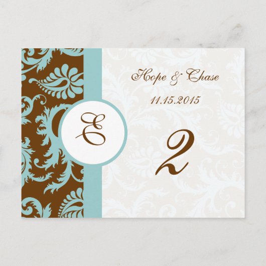 Brawn & Aqua Trim Damask Wirbel Tischnummer Cards (Rückseite)