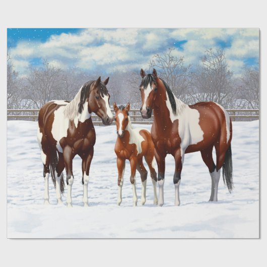 Brawn Bay Pinto Paint Quarter Pferde im Schnee Geschenkpapier (Flach)