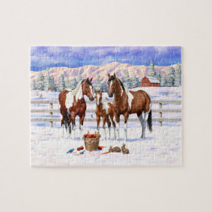 Brawn Bay Pinto Paint Quarter Pferde im Schnee Puzzle