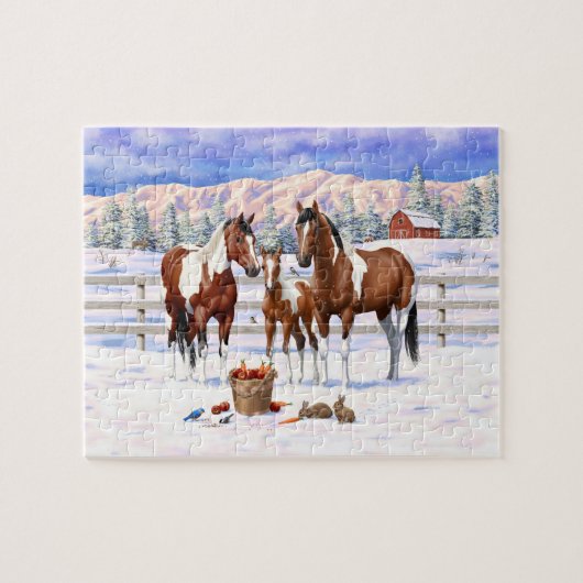 Brawn Bay Pinto Paint Quarter Pferde im Schnee Puzzle (Horizontal)