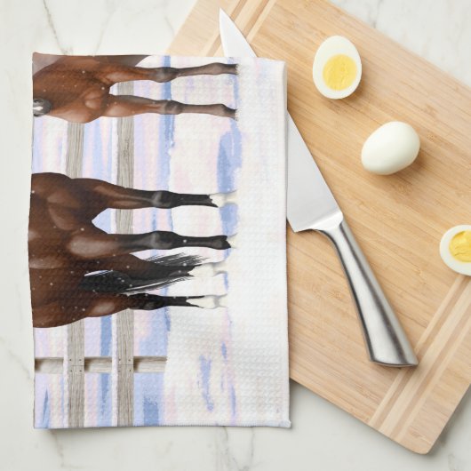 Brawn Bay Quarter Pferde im Schnee Geschirrtuch (Viertel Falte)