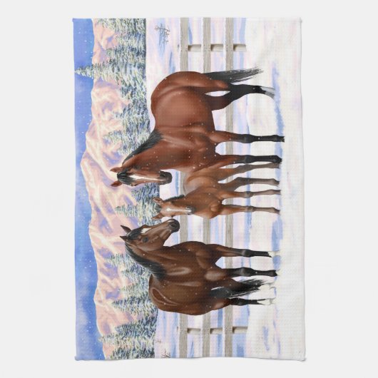 Brawn Bay Quarter Pferde im Schnee Geschirrtuch (Vertikal)