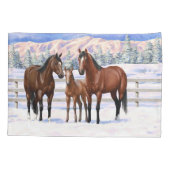 Brawn Bay Quarter Pferde im Schnee Kissenbezug (Rückseite-Links)