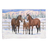 Brawn Bay Quarter Pferde im Schnee Kissenbezug (Vorderseite-Rechts)