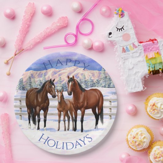 Brawn Bay Quarter Pferde im Schnee Pappteller (Party)