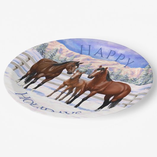 Brawn Bay Quarter Pferde im Schnee Pappteller (Schrägansicht)