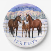 Brawn Bay Quarter Pferde im Schnee Pappteller (Vorderseite)