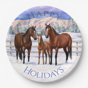 Brawn Bay Quarter Pferde im Schnee Pappteller