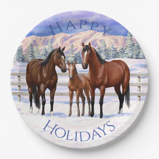 Brawn Bay Quarter Pferde im Schnee Pappteller (Vorderseite)