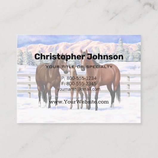 Brawn Bay Quarter Pferde im Schnee Visitenkarte (Rückseite)