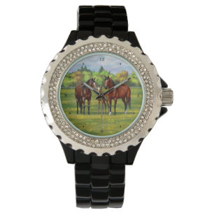 Brawn Bay Quarter Pferde im Sommer Weide Armbanduhr