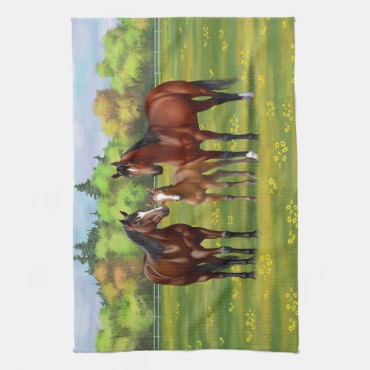 Brawn Bay Quarter Pferde im Sommer Weide Geschirrtuch (Vertikal)