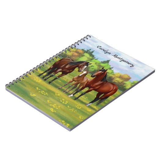 Brawn Bay Quarter Pferde im Sommer Weide Notizblock (Linke Seite)