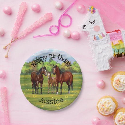 Brawn Bay Quarter Pferde im Sommer Weide Pappteller (Party)