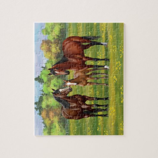 Brawn Bay Quarter Pferde im Sommer Weide Puzzle (Vertikal)