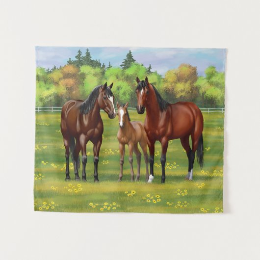 Brawn Bay Quarter Pferde im Sommer Weide Wandteppich (Vorderseite (Horizontal))