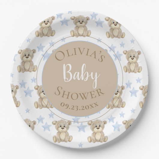 Brawn Bear Blue Stars Wasserfarbe Babydusche Pappteller (Vorderseite)
