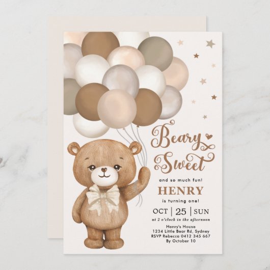 Brawn Beary Sweet Teddy Bear Balloons Birthday Inv Einladung (Vorne/Hinten)