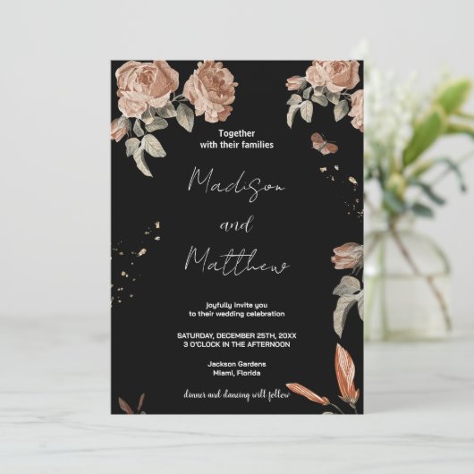 Brawn Blume Black Wedding Einladung (Stehend Vorderseite)