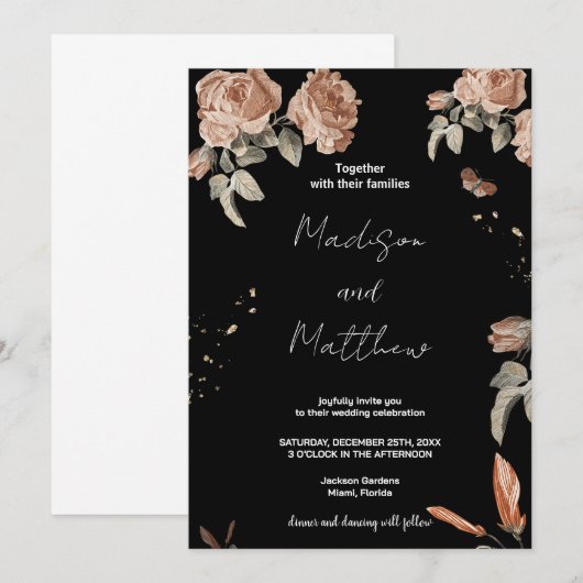Brawn Blume Black Wedding Einladung (Vorne/Hinten)