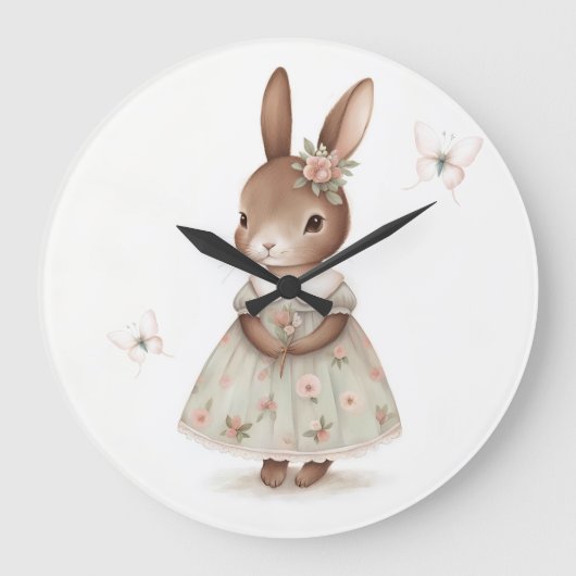 Brawn Bunny in einem floralen Kleid Große Wanduhr (Vorderseite)