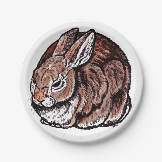Brawn Bunny Rabbit Nature Pen Tinte Zeichnend Tier Pappteller (Vorderseite)