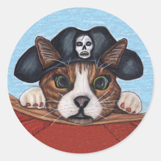 Brawn Cat Green Eyes Pirate Hat Skull Red Boat Runder Aufkleber (Vorderseite)