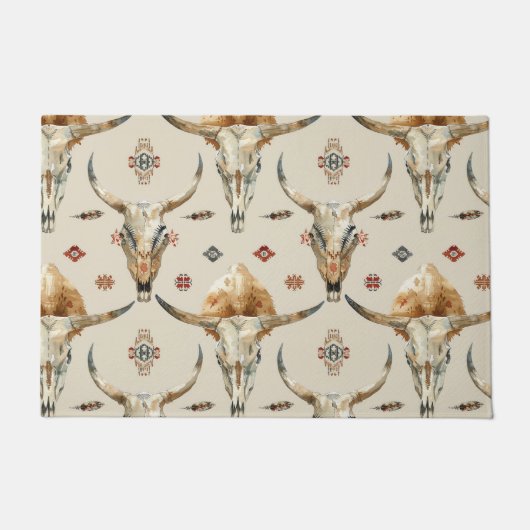 Brawn Cream Tribal Native Feathers Skulls Fußmatte (Vorderseite)