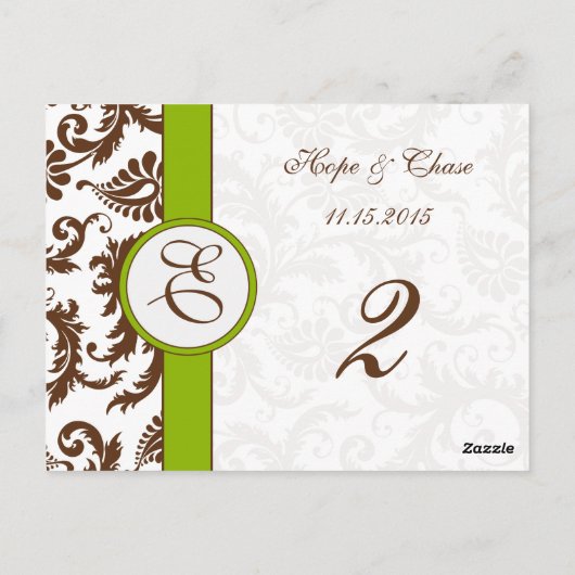 Brawn Damask Apple Green Tischnummer Cards (Rückseite)