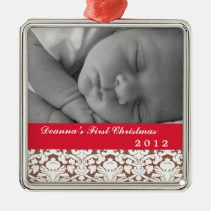 Brawn Damask Classic Red Band Baby's first holiday Silbernes Ornament