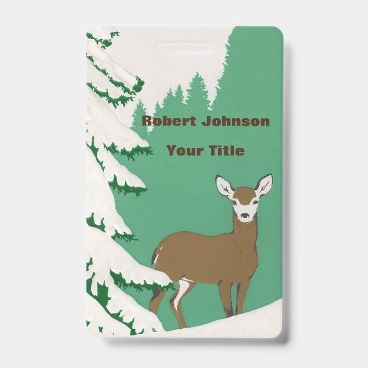 Brawn Doe Deer neben Pine Tree im Schnee Ausweis (Vorderseite)