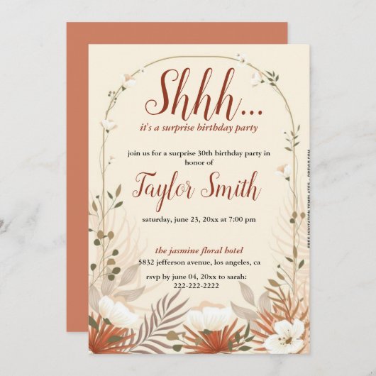 Brawn elegantes Party Floral Überraschung Einladun Einladung (Vorne/Hinten)