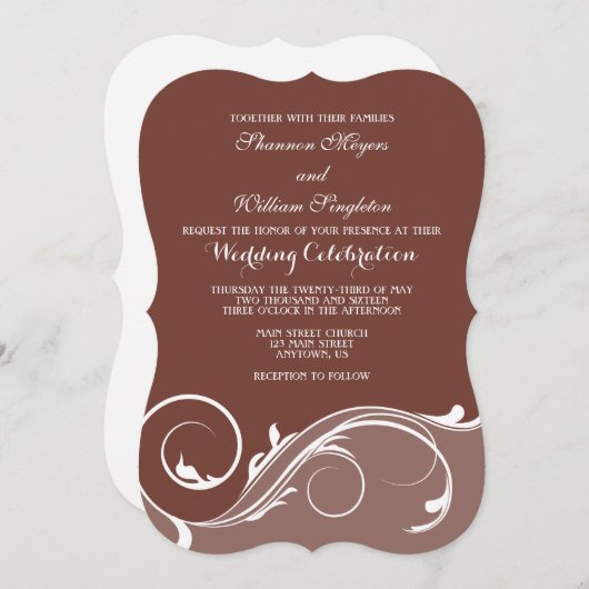 Brawn Floral Swirl Bracket Wedites Einladungen (Vorne/Hinten)